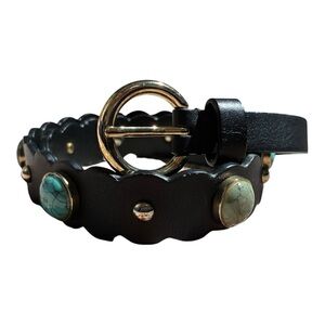 Sandro Black Scalloped Leather Belt with Turquoise Stones and Gold Hardware